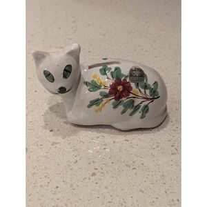 Vintage Mid Century Italian Art Pottery‎ White Cat Terracotta Piggy Bank Flowers